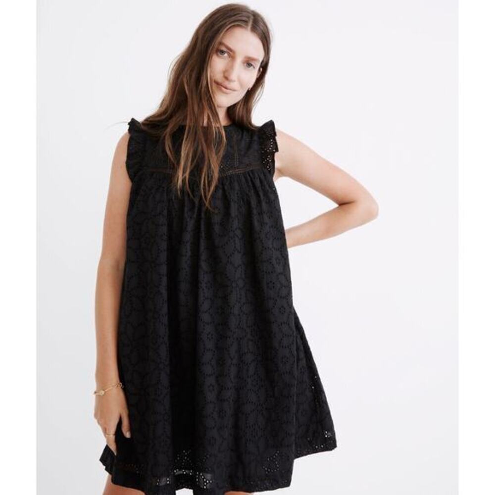 New! Madewell Eyelet‎ Ruffle-Sleeve Mini Dress in black, size S